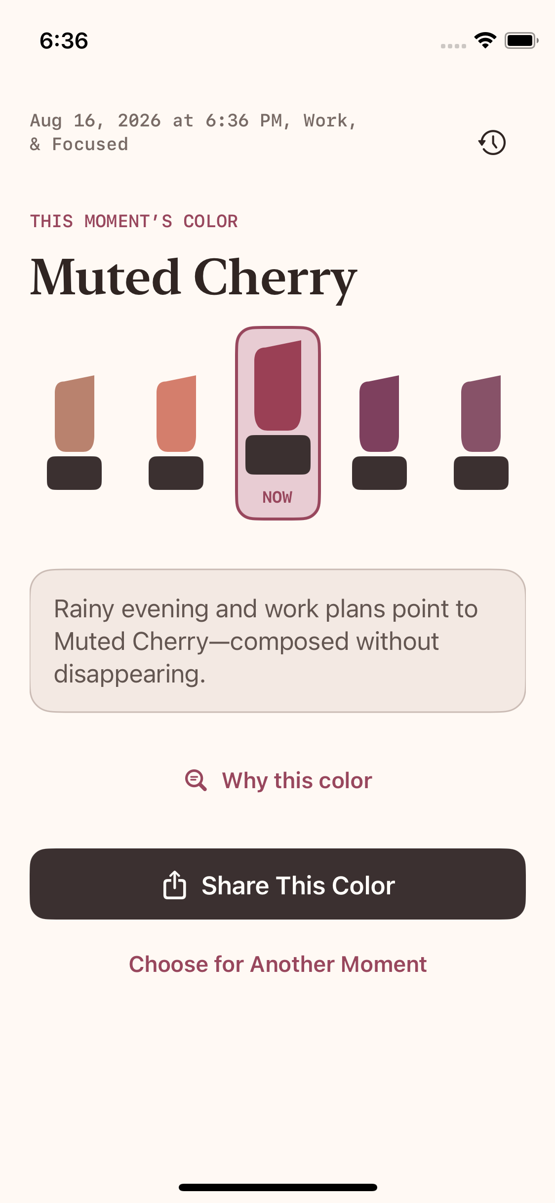 Lip Today showing Muted Cherry for a confirmed moment