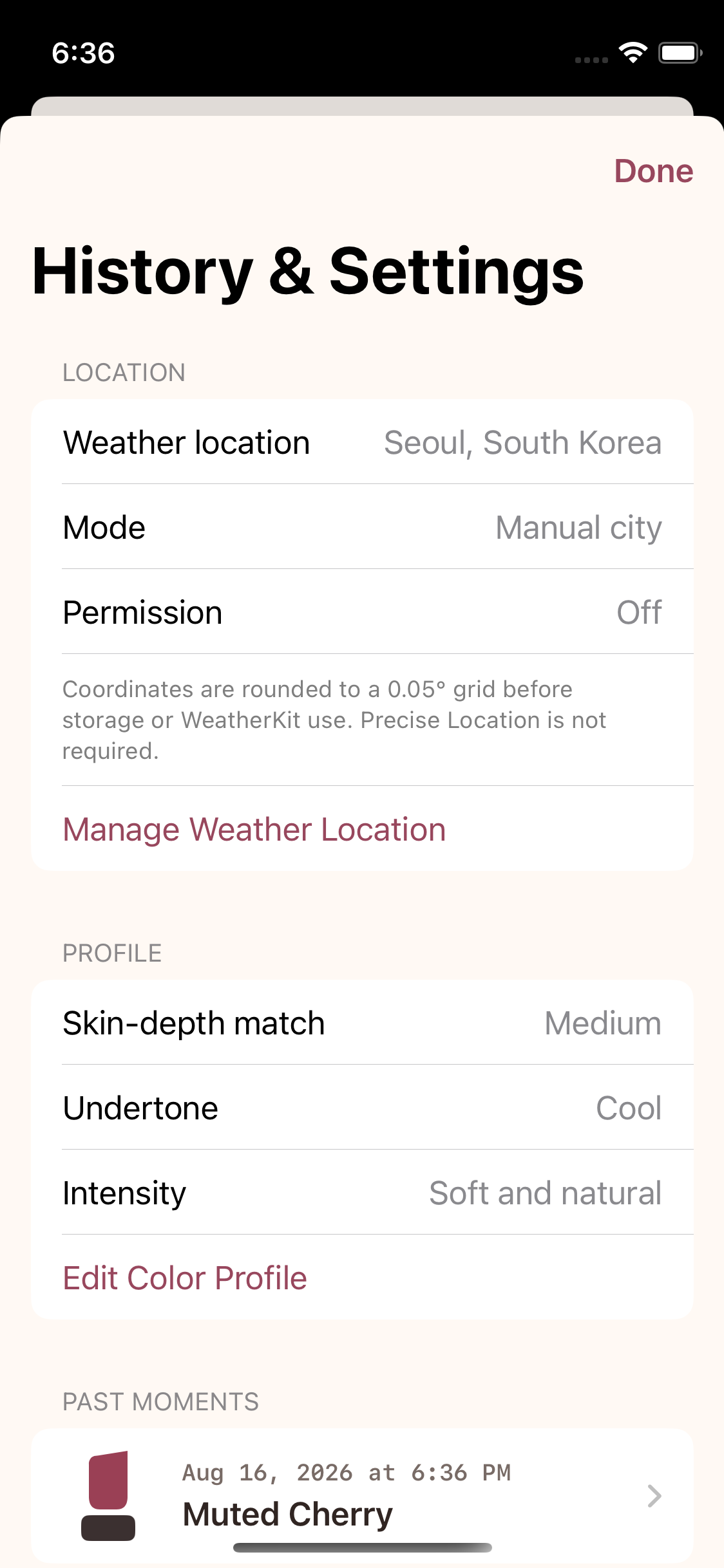 Lip Today history and settings screen