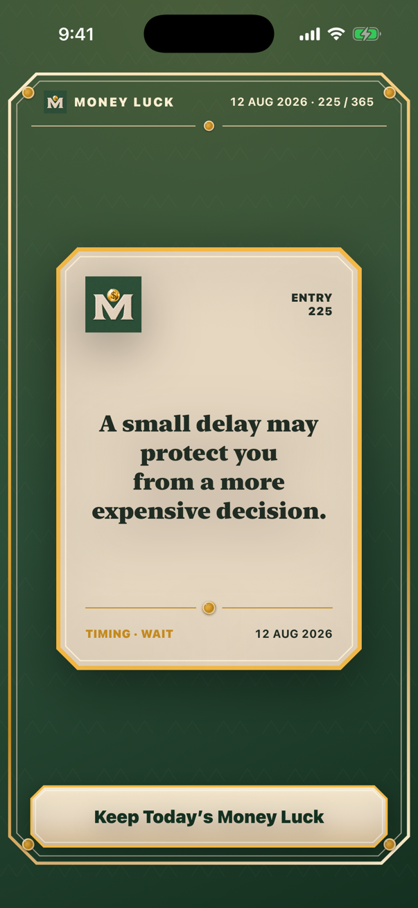 Money Luck Today screen showing one revealed daily money reflection