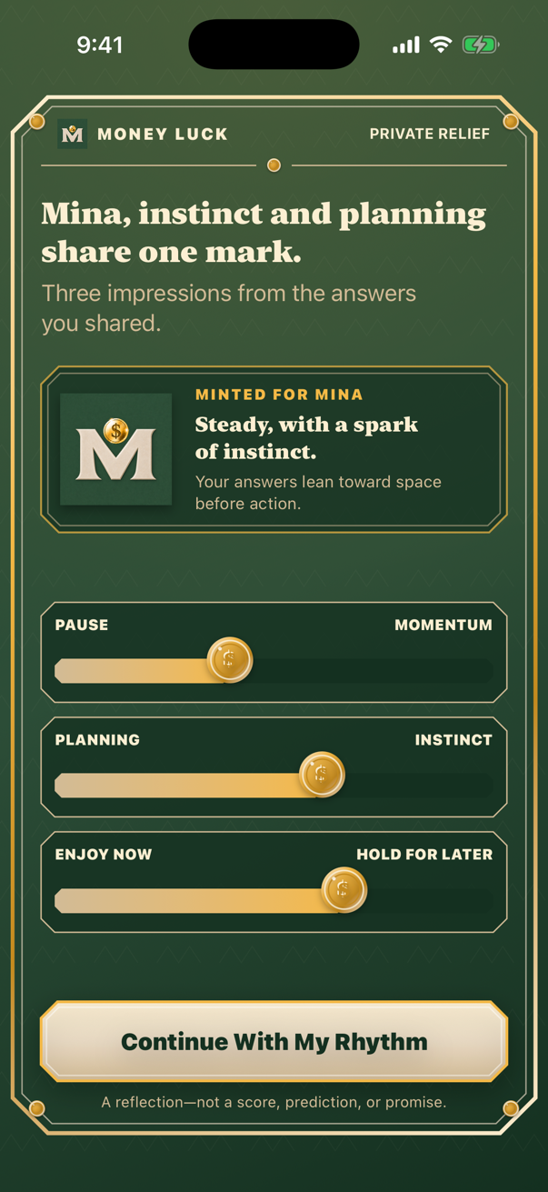 Money Luck rhythm summary showing three answer-derived dimensions
