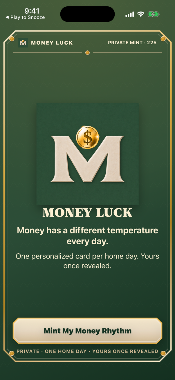 Money Luck welcome screen with the ivory M and gold medallion
